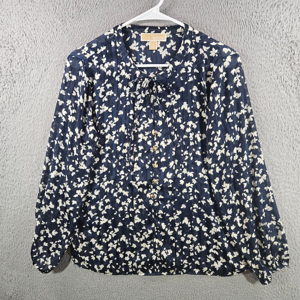 Michael Michael Kors Navy Blue Floral Tie Neck Metallic Stripe Blouse Womens M